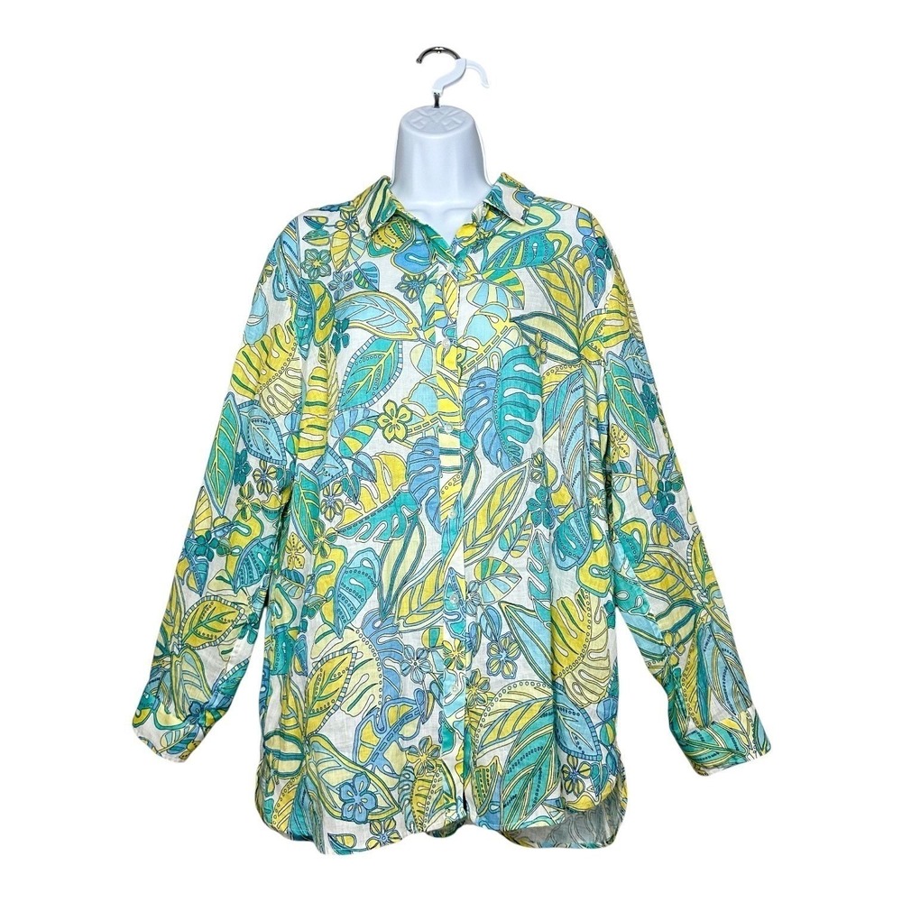 J. McLaughlin Britt Linen Tropical Leaf Button Shirt Blue Yellow XL Coastal‎ - Picture 11 of 11